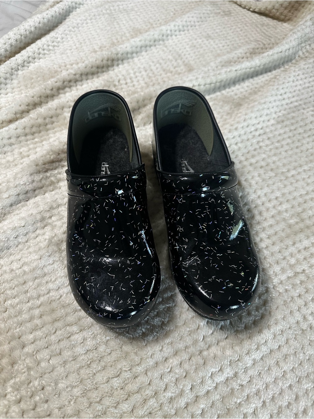 Dansko Black Rainbow Sparkle Slip-On Clogs with Textured Soles Size 41